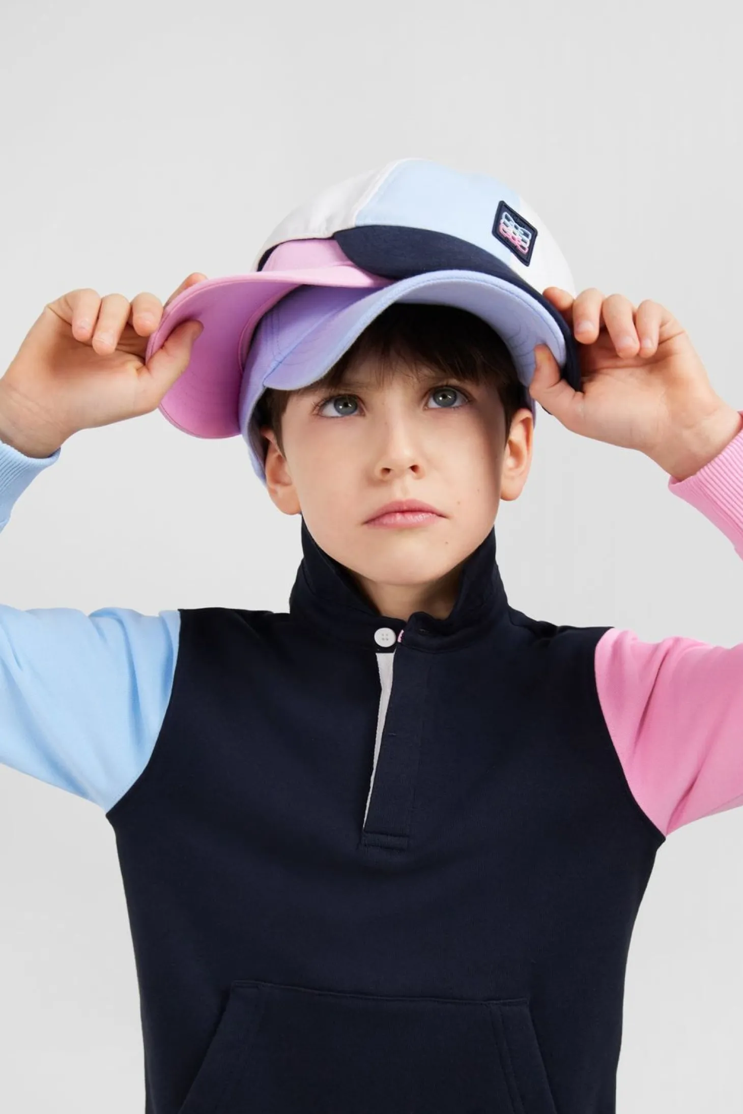Sweatshirt Col Polo Marine Manches Bicolores En Coton