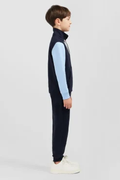 Sweatshirt Col Polo Marine Manches Bicolores En Coton