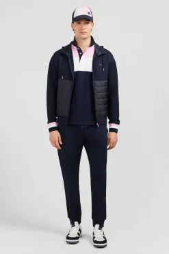 Sweat Zippe Bleu Fonce A Capuche Tricolore