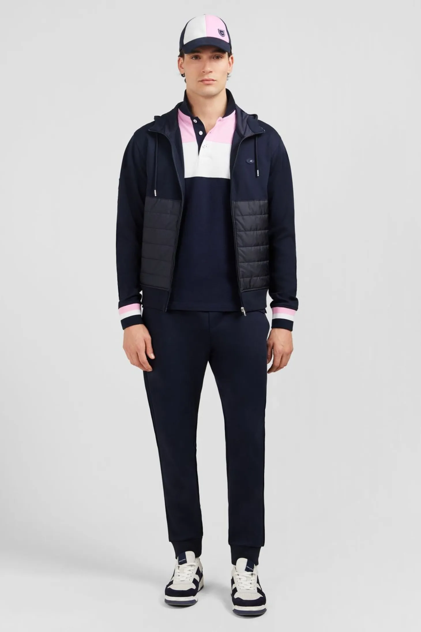 Sweat Zippe Bleu Fonce A Capuche Tricolore