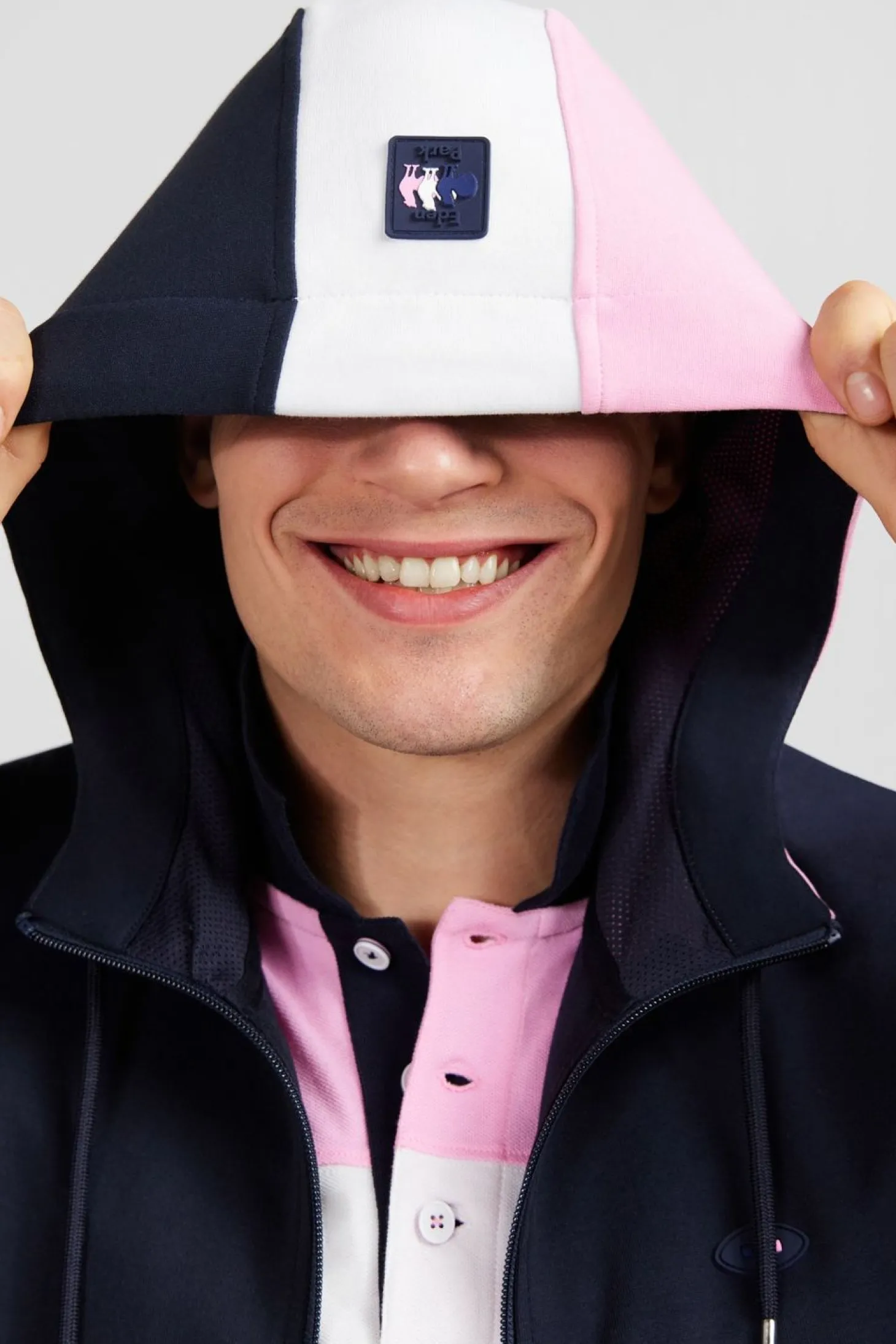Sweat Zippe Bleu Fonce A Capuche Tricolore