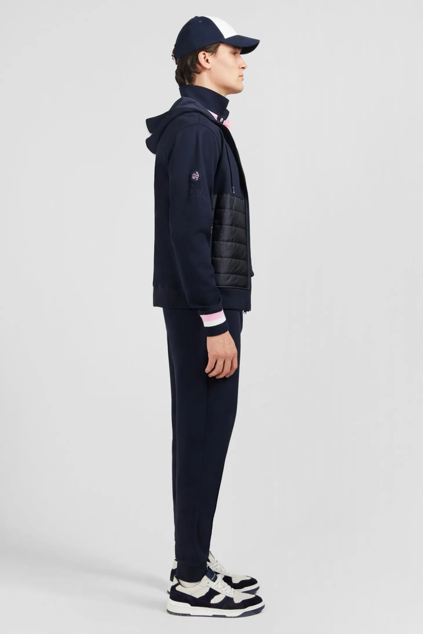 Sweat Zippe Bleu Fonce A Capuche Tricolore