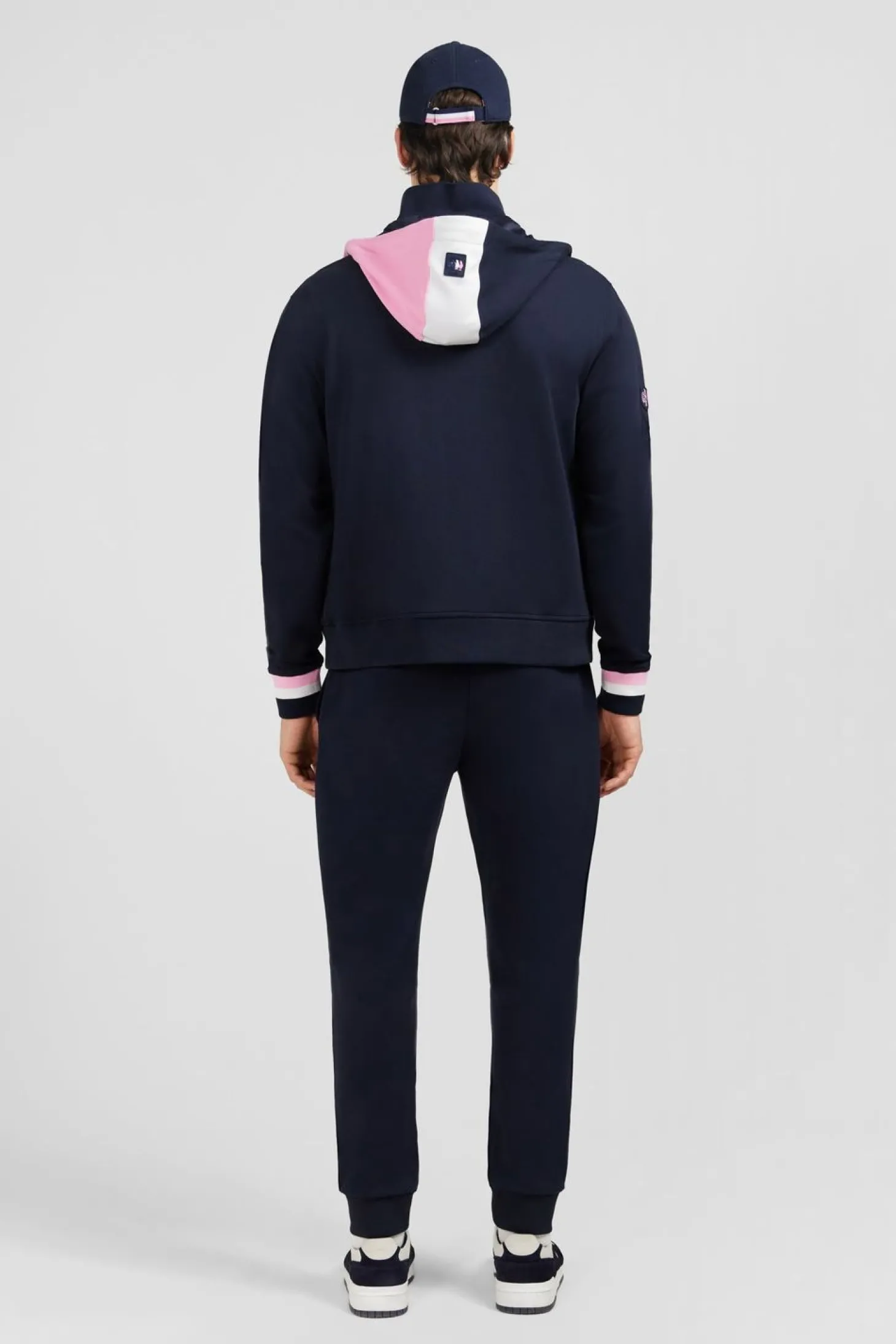 Sweat Zippe Bleu Fonce A Capuche Tricolore