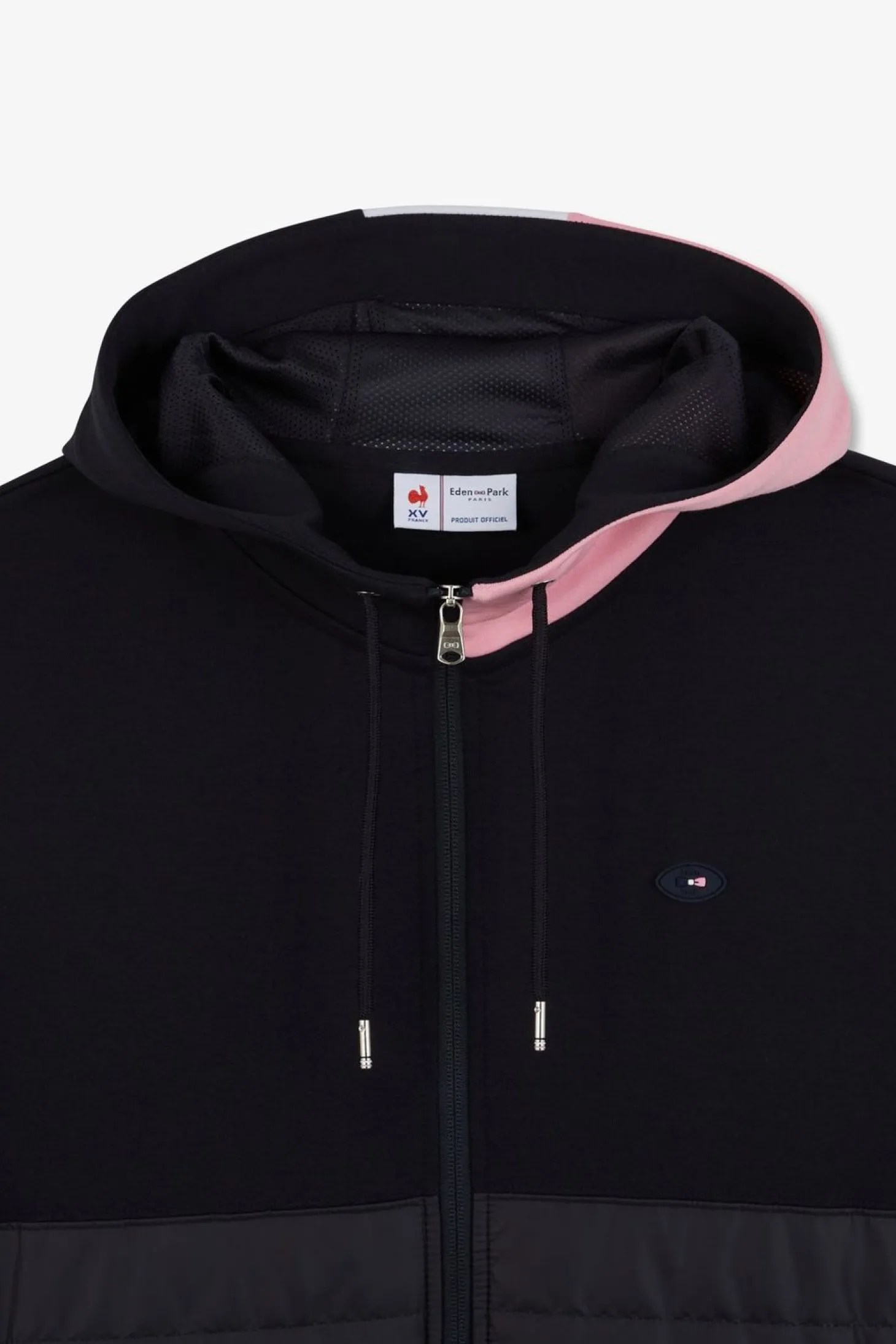 Sweat Zippe Bleu Fonce A Capuche Tricolore