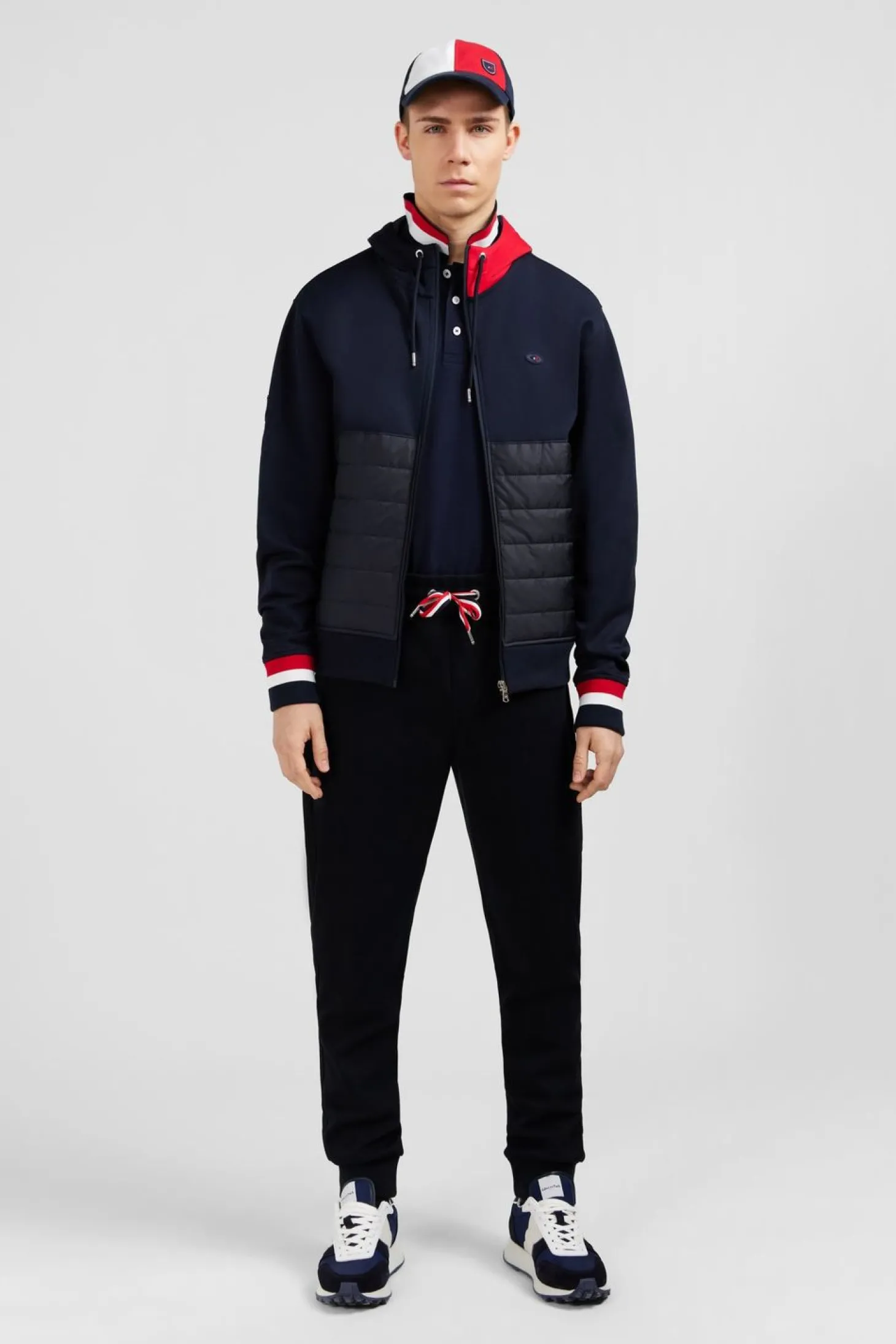 Sweat Zippe Bleu Fonce A Capuche Tricolore