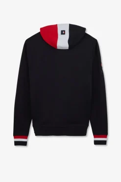 Sweat Zippe Bleu Fonce A Capuche Tricolore