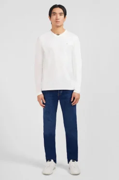 T-Shirt Blanc Col V A Manches Longues