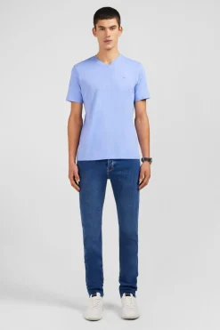 T-Shirt Bleu Col V A Manches Courtes