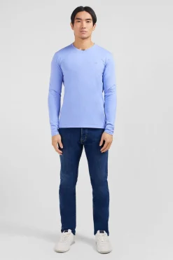 T-Shirt Bleu Col V A Manches Longues