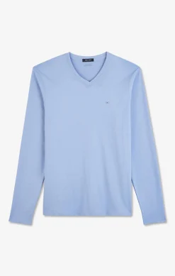 T-Shirt Bleu Col V A Manches Longues