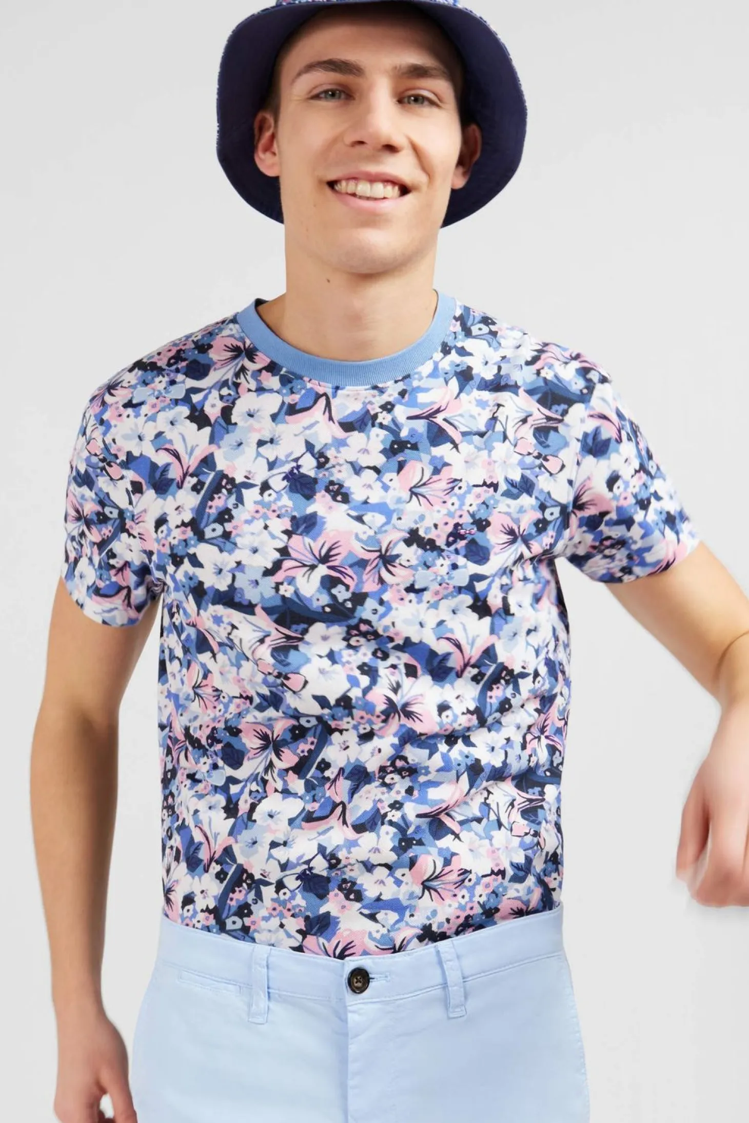 T-Shirt Bleu En Coton Pique Imprime Fleuri