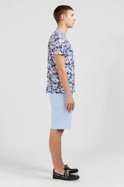 T-Shirt Bleu En Coton Pique Imprime Fleuri