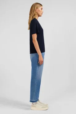 T-Shirt Bleu Fonce Uni A Manches Courtes