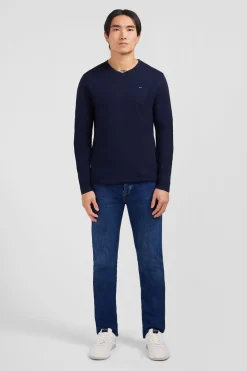 T-Shirt Bleu Marine Col V A Manches Longues