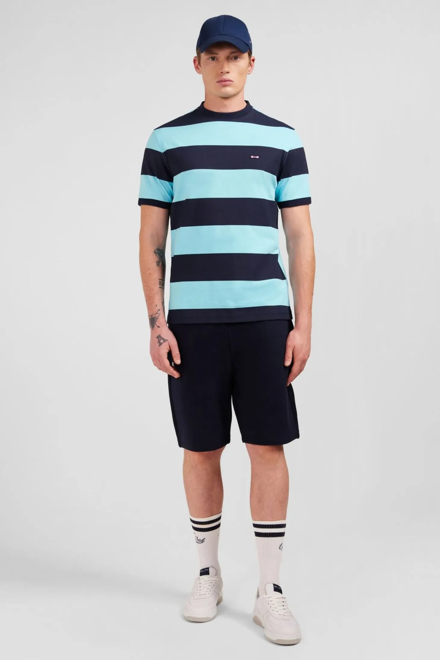 T-Shirt Manches Courtes Cercle Marine Et Turquoise En Coton