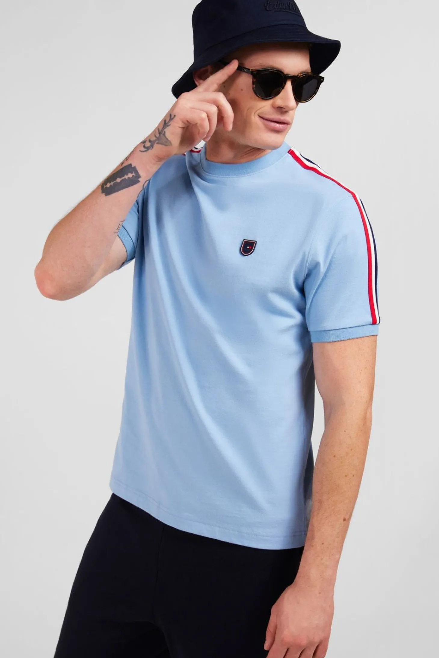 T-Shirt Manches Courtes Ciel En Coton Galons Epaules Tricolores