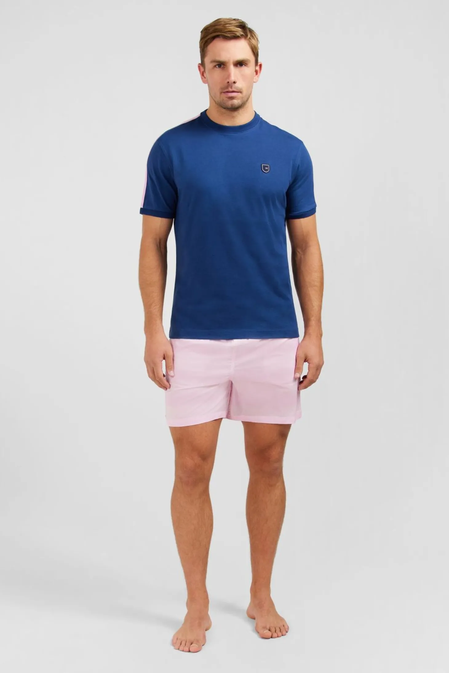 T-Shirt Manches Courtes Marine En Coton Galons Epaules Tricolores