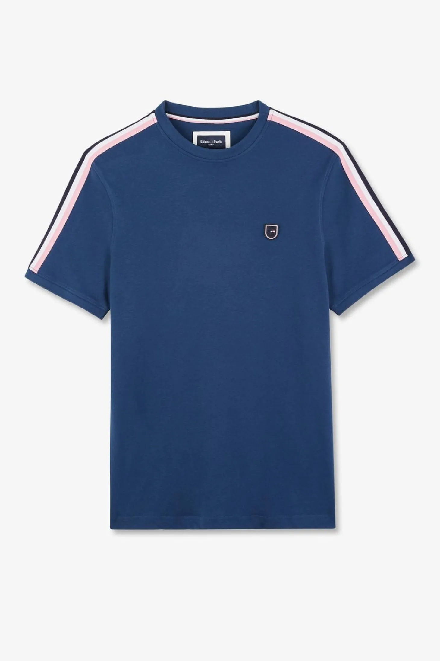 T-Shirt Manches Courtes Marine En Coton Galons Epaules Tricolores