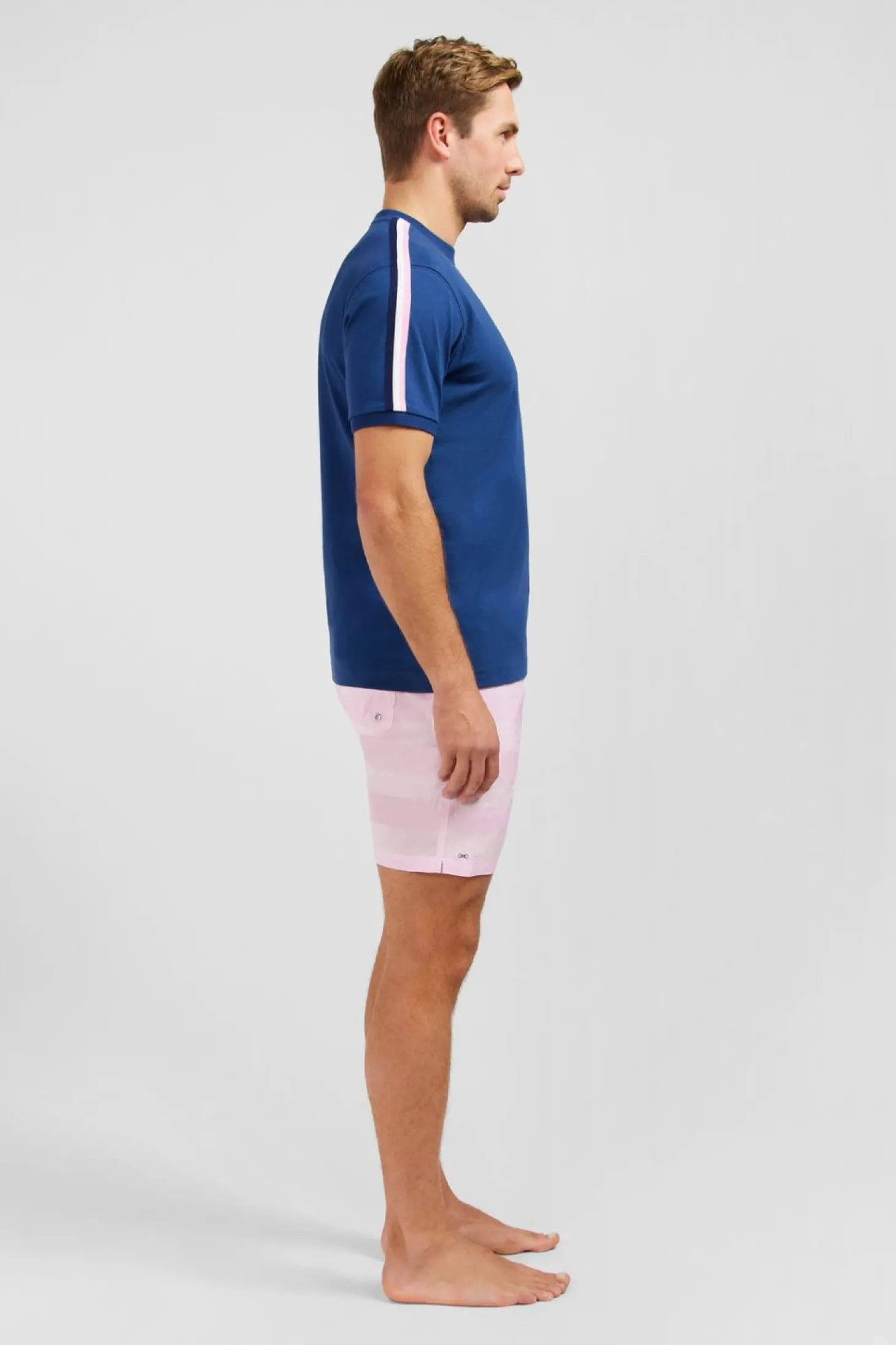 T-Shirt Manches Courtes Marine En Coton Galons Epaules Tricolores