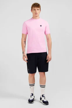 T-Shirt Manches Courtes Rose En Coton Galons Epaules Tricolores
