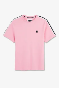 T-Shirt Manches Courtes Rose En Coton Galons Epaules Tricolores