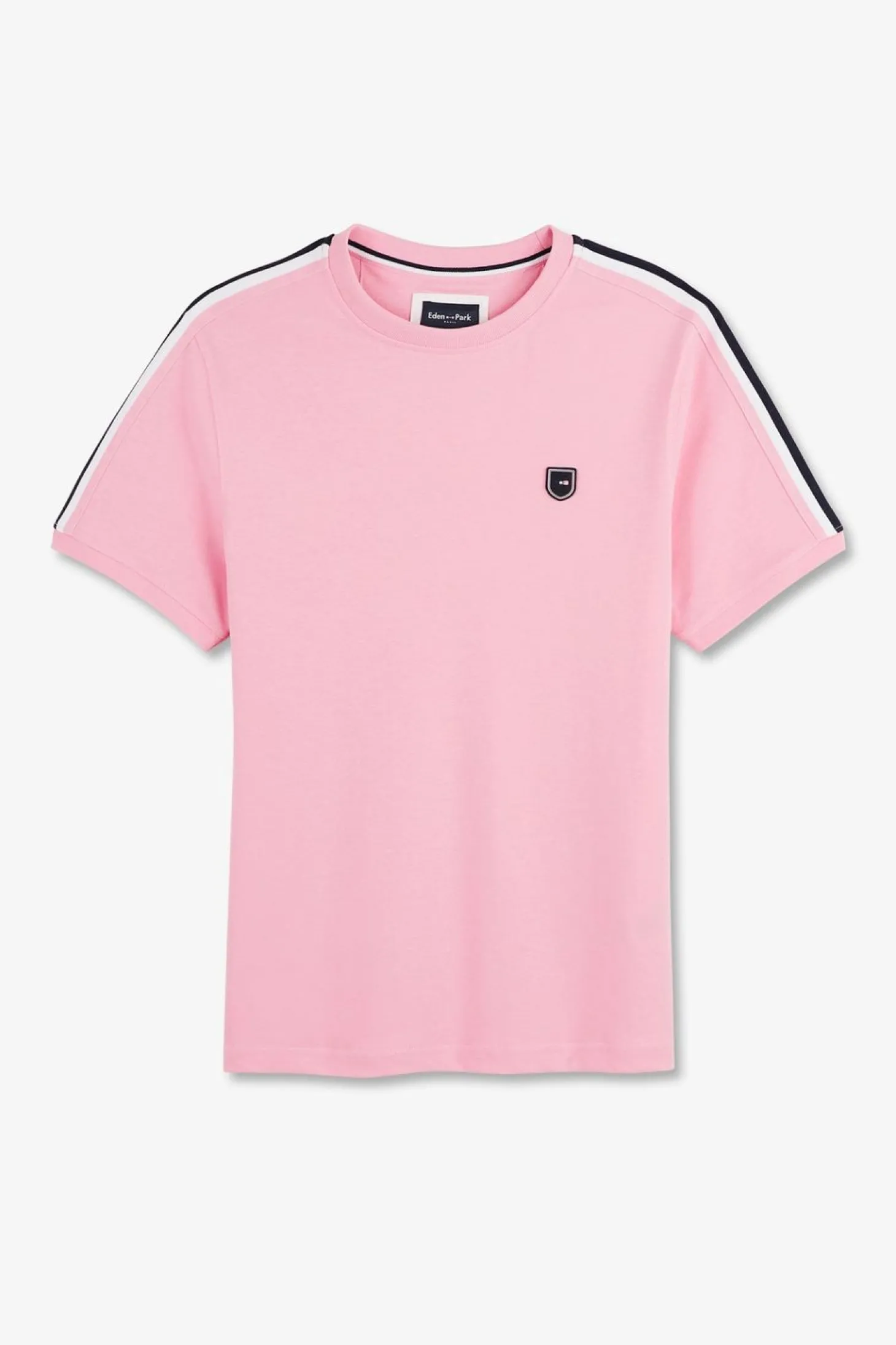 T-Shirt Manches Courtes Rose En Coton Galons Epaules Tricolores