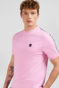 T-Shirt Manches Courtes Rose En Coton Galons Epaules Tricolores