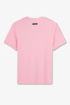 T-Shirt Manches Courtes Rose En Coton Galons Epaules Tricolores