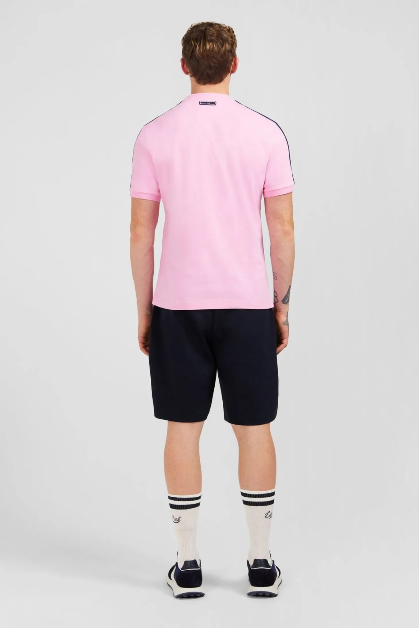 T-Shirt Manches Courtes Rose En Coton Galons Epaules Tricolores