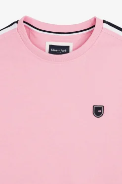 T-Shirt Manches Courtes Rose En Coton Galons Epaules Tricolores