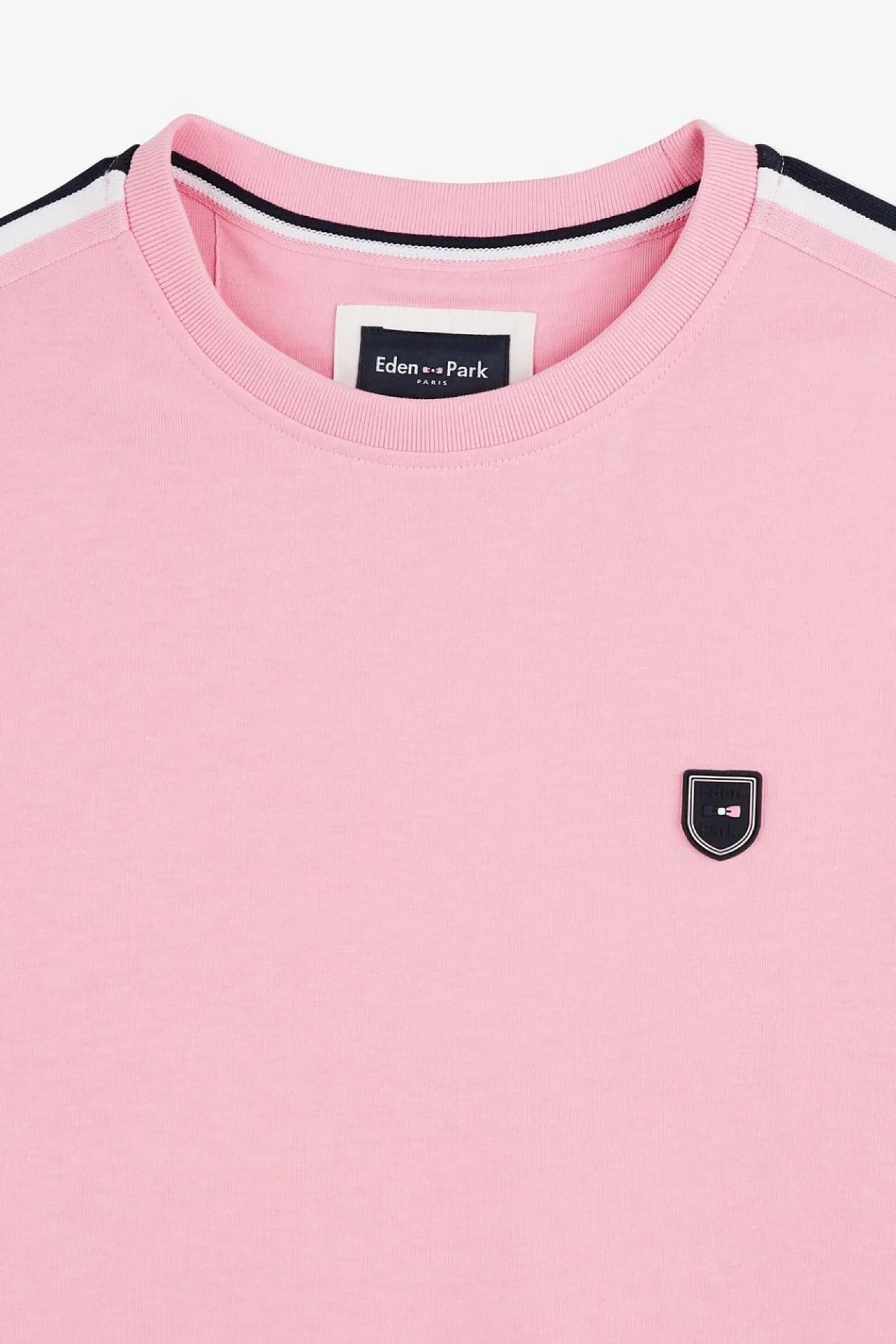 T-Shirt Manches Courtes Rose En Coton Galons Epaules Tricolores
