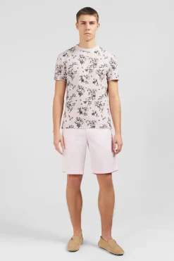 T-Shirt Manches Courtes Rose Imprime Feuilles