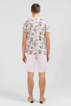 T-Shirt Manches Courtes Rose Imprime Feuilles