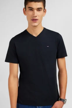 T-Shirt Noir Col V A Manches Courtes