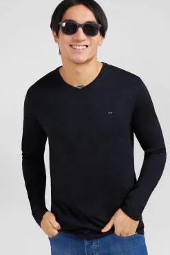 T-Shirt Noir Col V A Manches Longues