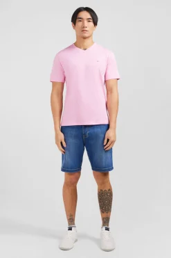 T-Shirt Rose Col V A Manches Courtes