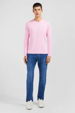 T-Shirt Rose Col V A Manches Longues