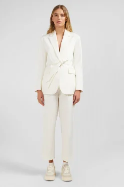 Veste Blazer Ecrue Ceinturee En Coton Stretch